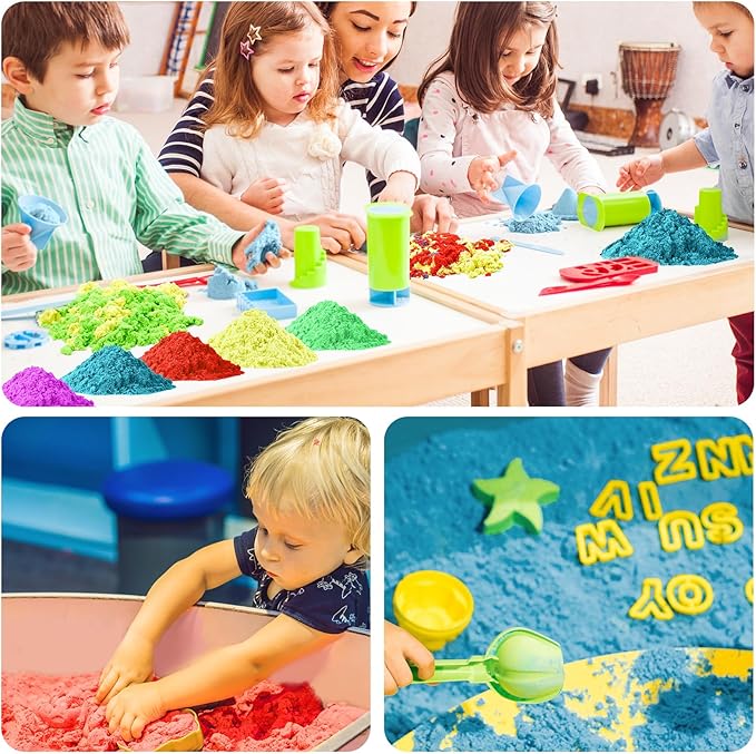 Value Pack 11lbs of 5 Colored Moldable Self-Sticking Sand, Never Dries Out - Fun for Kids Bulk Refill for Sensory Sand Box Toys, Ideal for Shaping, Squeezing, Scooping, Rolling and Molding