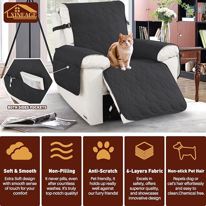 XINEAGE 100% Waterproof Recliner Chair Cover, Non Slip Covers for Recliner Chair with Pocket, Washable Dog Recliner Couch Cover with Elastic Straps (Black, 23.6")