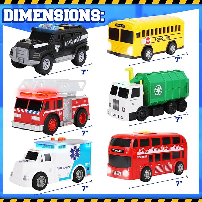 Toy Cars for Toddlers - 6Pcs Pull Back Cars Toys with Light and Sounds, City and emergency vehicles set