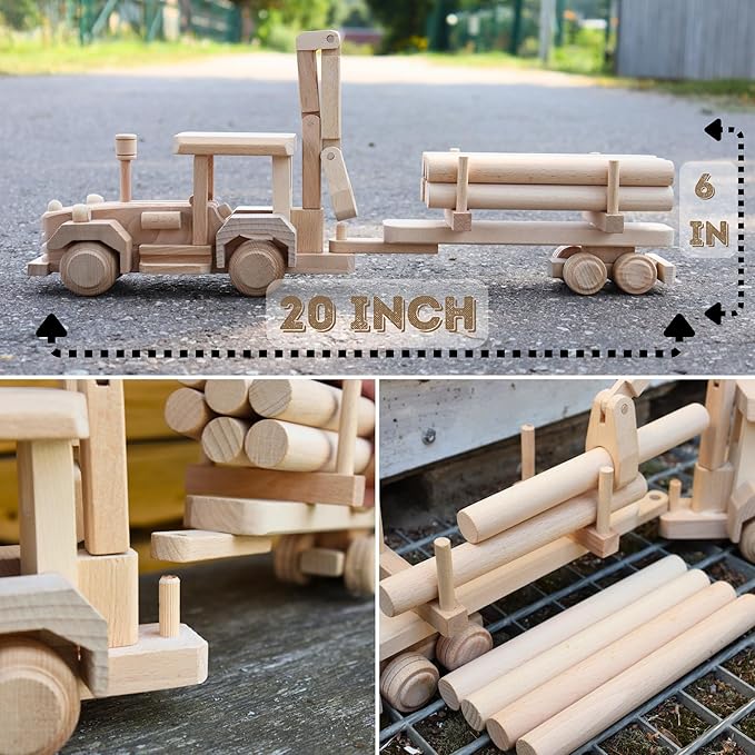 Wooden Logging Tractor Toy with Realistic Shape, Wooden Toy Truck with Trail & Cargo - Eco-Friendly Wood Toy for Kids Age 3 Years Old - Preschool Educational Game