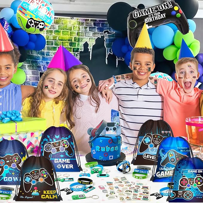 Video Game Party Favors Birthday Supplies, Gamer Drawstring Bag Keychain Silicone Bracelet Tattoo Sticker, Gamer Gaming Birthday Party Favor Goodie Bag Stuffers Fillers Classroom Rewards for Kids