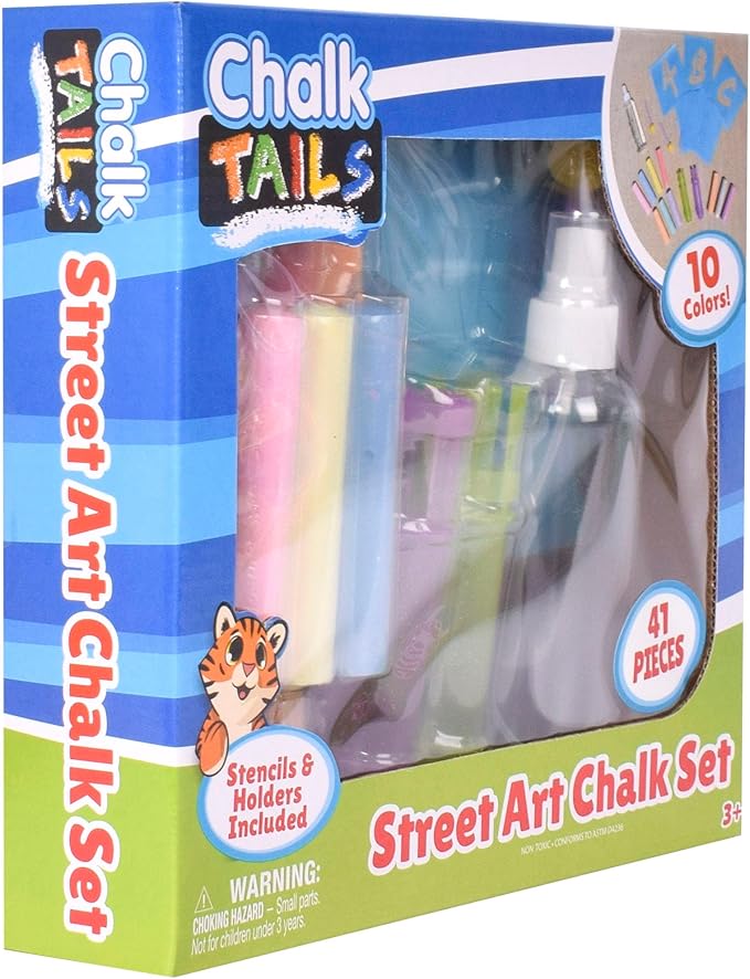 Sunny Days Entertainment, LLC. Creative Chalk Activity Set includes 35 Stencils, 10 Colors, 2 Blending Sponges, 2 Chalk Holders, 1 Spray Bottle | Activity and Games Kids Ages 3+