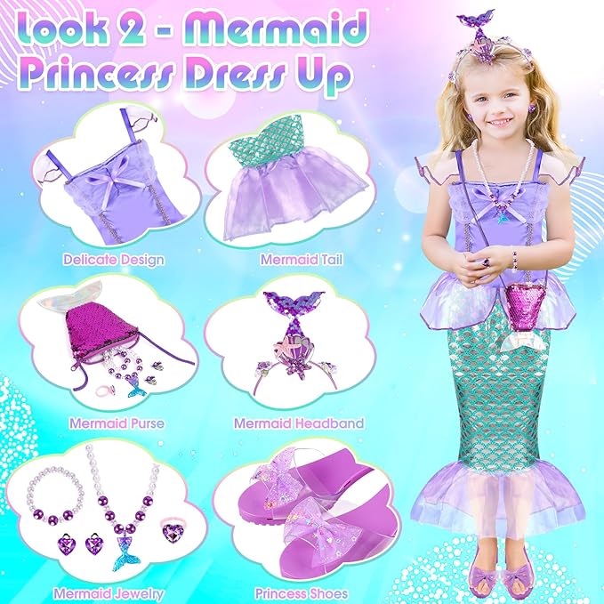 Toddlers Princess Dress Up Clothes for Little Girls 3 4 5 6, Unicorn & Mermaid Kids Dress Up Princess Costume with Wing, Shoes, Play Jewelry, Kids Pretend Play Princess Toys Gifts for Girls Toddlers