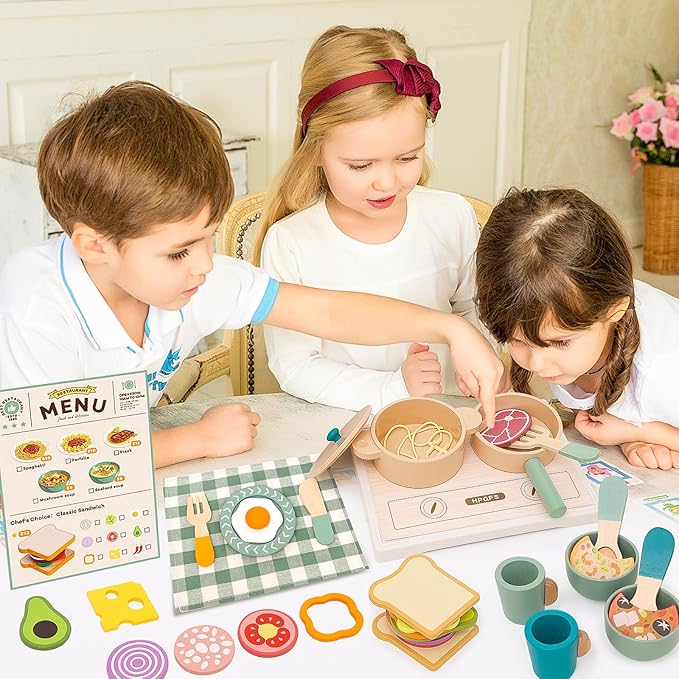 Wooden Play Cooking Set, Kids Pretend Play Kitchen Accessories Toys Set, Includes Play Plates, Pots, Bowls, Pans, Cutlery, Includes Fake Food, Gift for 3 4 5 Years Old Girls Boys for Birthday