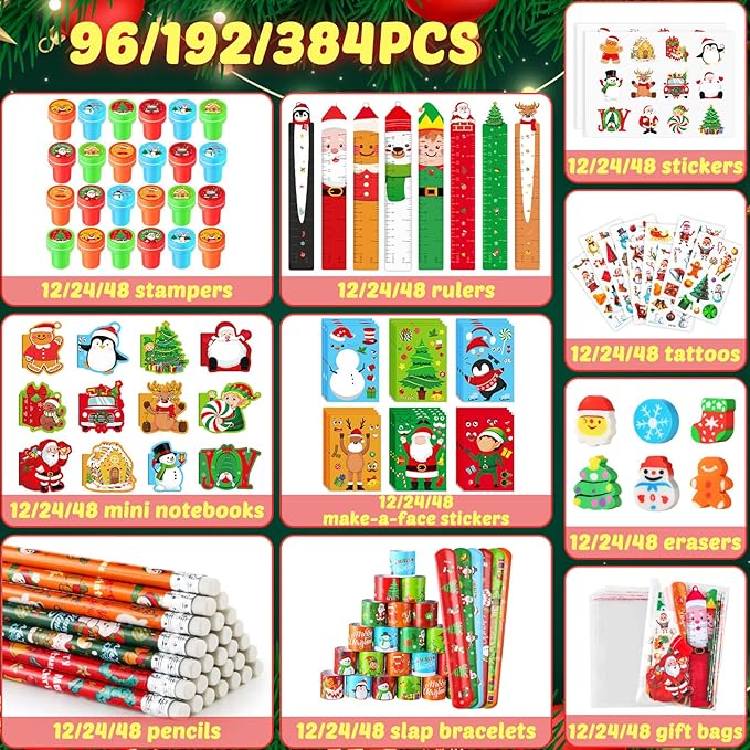 BenLouis Christmas School Stationery Set Party Favors Xmas Classroom Gift Prizes Bulk for Students Kids Holiday Stockings Pinata Filler Christmas School Goodie Bag Stuffers Decor(48set Christmas)