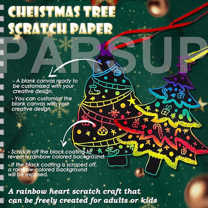 72Pcs Christmas Tree Scratch Paper Rainbow Color Scratch Ornaments Christmas Decorations Hanging Craft Art Kits with Wooden Stick and Ribbon for Kids Christmas Winter Party Favors