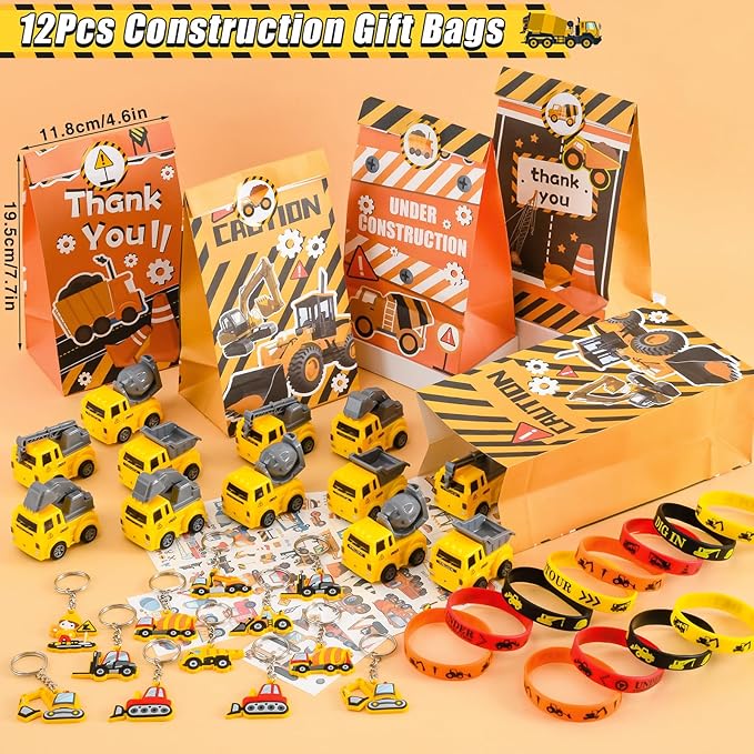 Winrayk Construction Party Favors Construction Birthday Party Supplies, Construction Truck Toy Gift Bag Bracelet Keychain Tattoo Sticker, Kids Construction Games Prize Pinata Filler Goody Bag Stuffers