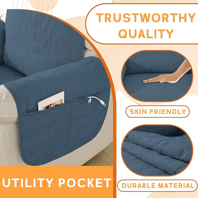 XINEAGE 100% Waterproof Recliner Chair Covers with Elastic Straps, Nonslip Reclining Couch Covers Washable Recliner Couch Cover with Pockets Furniture Protector for Pets Dogs (Berlin Blue, 30")