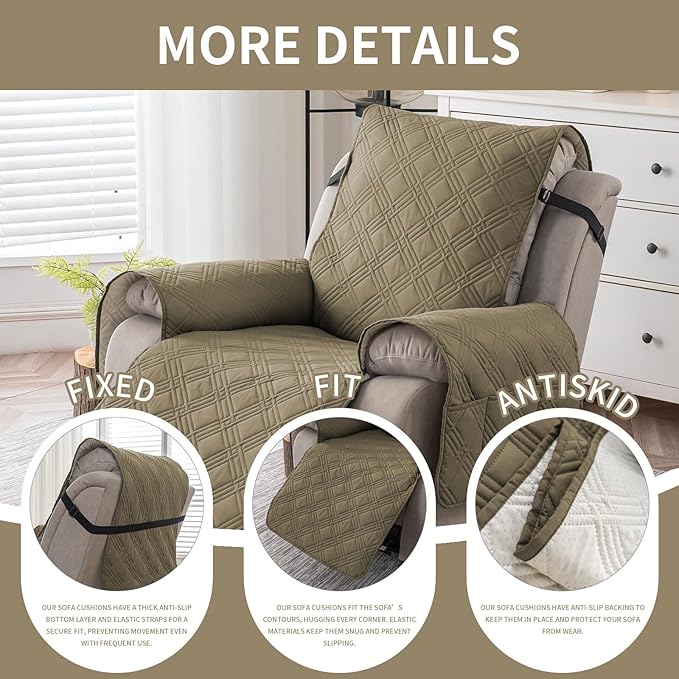 Easehomey 100% Waterproof Recliner Chair Covers, Non Slip Dog Chair Cover Furniture Protector Washable Chair Cover with Pocket, Elastic Straps for Kids,Pets,Dogs (Khaki, 23.6")