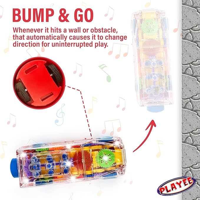SUV Bump and Go Off Road Vehicle with Moving Gears – Light Up Transparent Toy with Music and LED Lights 8 Inch