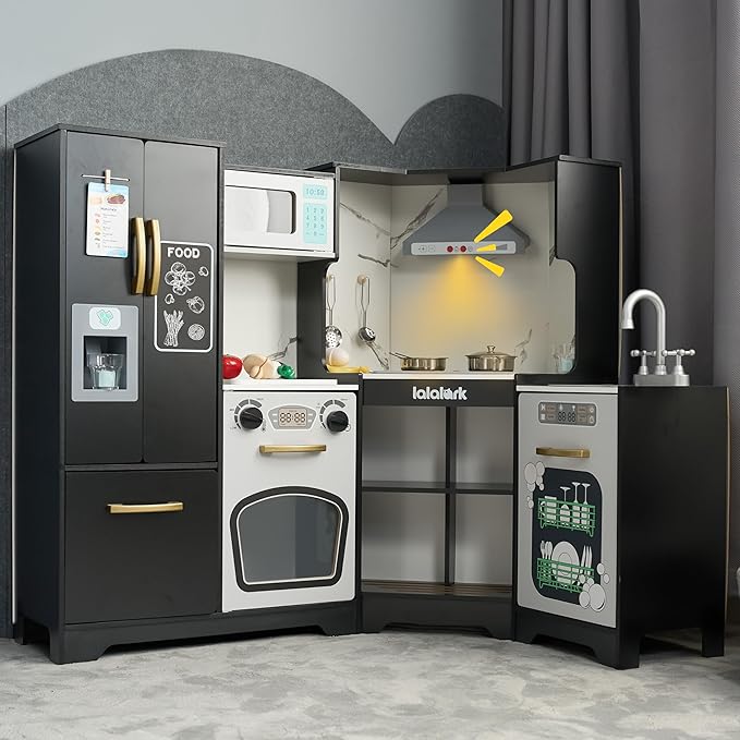 Wooden Corner Kitchen for Toddlers, Pretend Play Playset with Fake Food Toys, Real Lights & Sounds, Double-Door Fridge, Ice Maker & Cookware Accessories, Play Kitchen Set for Kids, Gift for Ages 3+