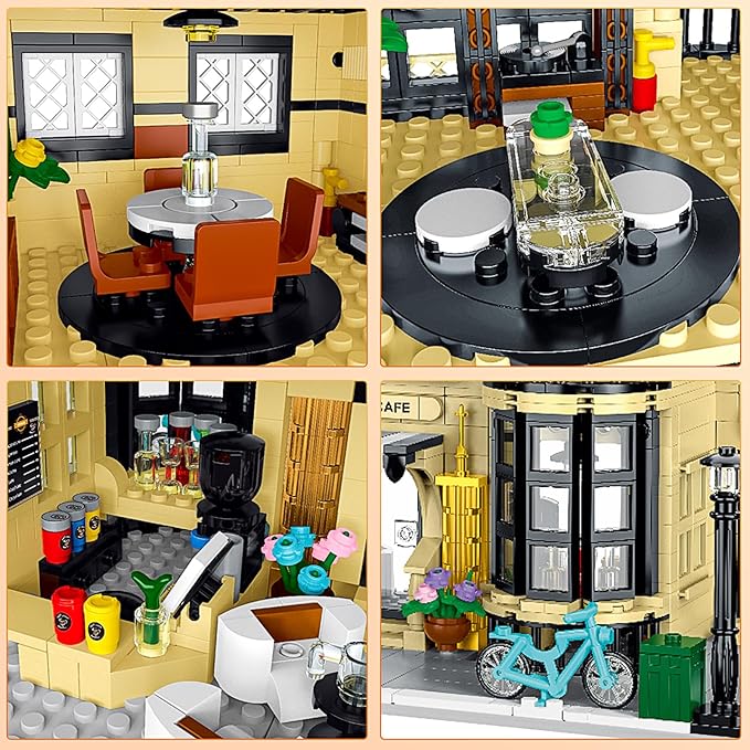 City Cafe Building Block Set with LED Light, 1443 PCS Modular Architecture Three Story City Cafe Building Blocks Toys Cafe Construction Model for Kids, Teens and Adults