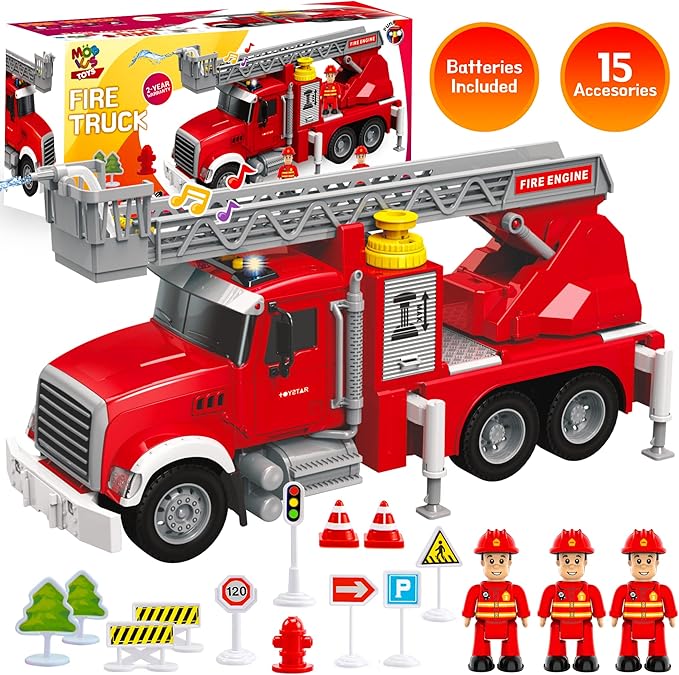 Fire Truck Toy Set for Kids - Fire Engine Truck with Water Spraying Hose, Rotating Ladder + 3 Fireman Firefighters 4-7, Girls 3 Years