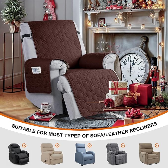 VANSOFY 100% Waterproof Recliner Chair Covers, Recliner Cover Non-Slip Dog Chair Cover Furniture Protector Washable Slipcover with Pocket, Elastic Straps for Pets, Dogs(Coffee, 30")