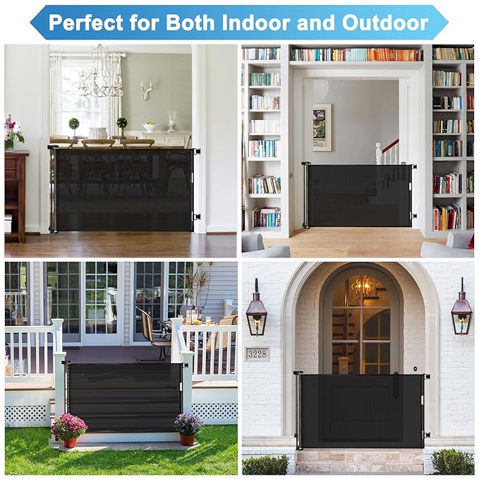 56 Inch Retractable Baby Gates for Doorways Retractable Dog Gate Outdoor Gates for Decks Indoor Long Baby Gate Retractable Pet Gate Mesh Gates for Kids or Pets Child Gate for Stairs, Porches, Black