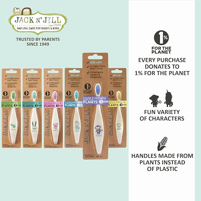 Jack N' Jill Kids Toothbrush - Extra Soft Bristle Toothbrush for Kids, Handle & Packaging Made from Plants (Corn), Ergonomic Handle for Little Hands - Dino Baby, Toddler, & Kids Toothbrush (1 Pack)