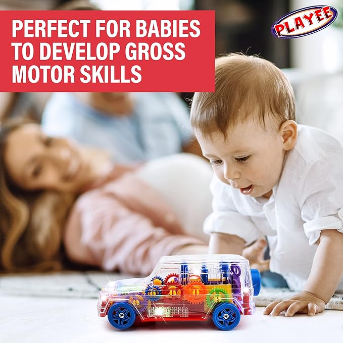 SUV Bump and Go Off Road Vehicle with Moving Gears – Light Up Transparent Toy with Music and LED Lights 8 Inch