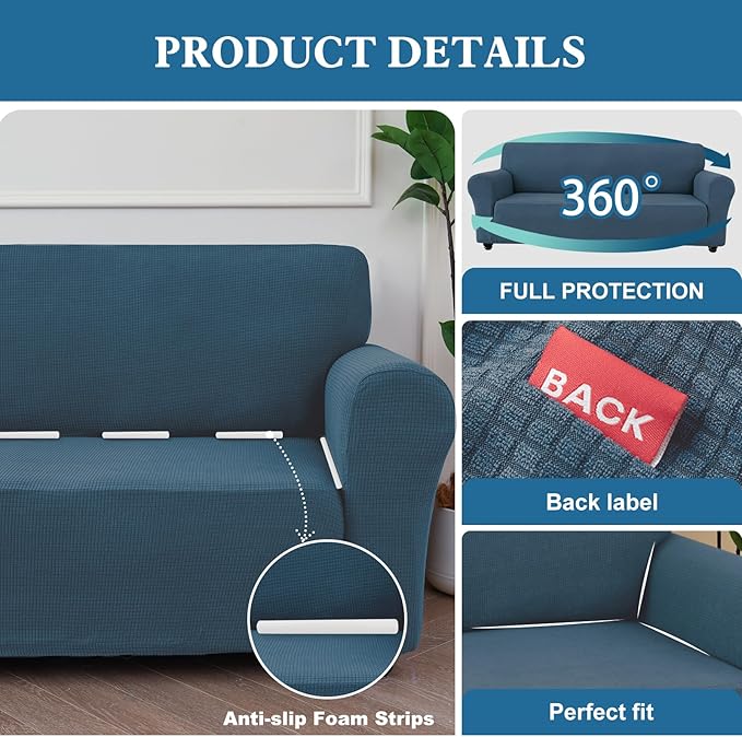 100% Waterproof Jacquard Fabric Couch Cover, Dual Layer with TPU Film, Leakproof High Elasticity Non-Slip Washable Furniture Protector for Pets, Dogs, Cats and Kids (Loveseat,Berlin Blue)