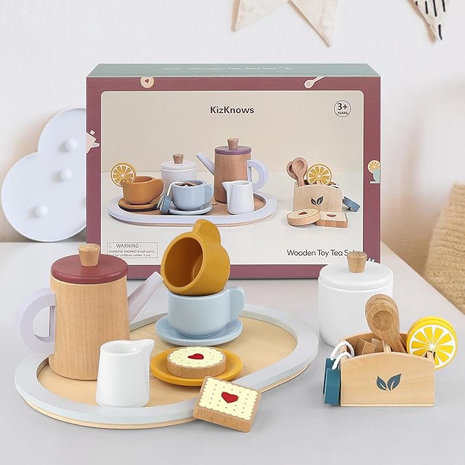 Wooden Toy Tea Set for Little Girls, Toddler Tea Party Set Kids Pretend Play Kitchen Accessories with Play Food Gift for Girls Boys 3 Years and up