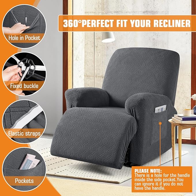 VANSOFY Recliner Chair Covers, 3-Pieces Stretch Recliner Covers for Recliner Chair Soft Reclining Chair Slipcover Furniture Protector for Dogs Cats(Charcoal Gray)