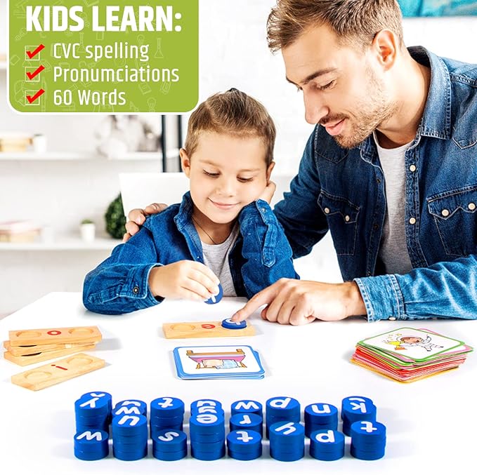 Wooden CVC Word Spelling Games, Educational Toys for 3-6 Years Old Kids,Kindergarten Learning Activities, See and Spell Learning Toys for Kids 3-5