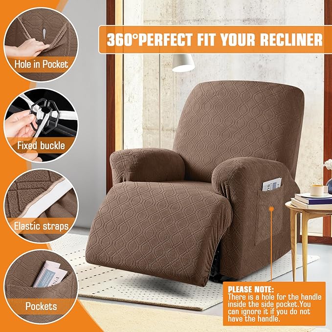 VANSOFY Oversized Recliner Chair Cover, 4-Pieces Stretch Recliner Covers for Recliner Chair Soft Reclining Chair Slipcover Jacquard Pattern Furniture Protector for Dogs Cats(Light Coffee)