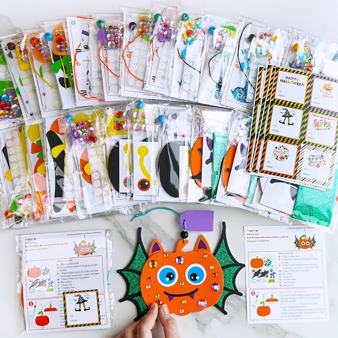 Winlyn 24 Sets Halloween Craft Kits Fall Crafts Autumn Kids Crafts DIY Spider Bat Witch Pumpkin Crafts Foam Stickers Halloween Arts and Crafts for Kids Classroom Activities Art Project Party Favors