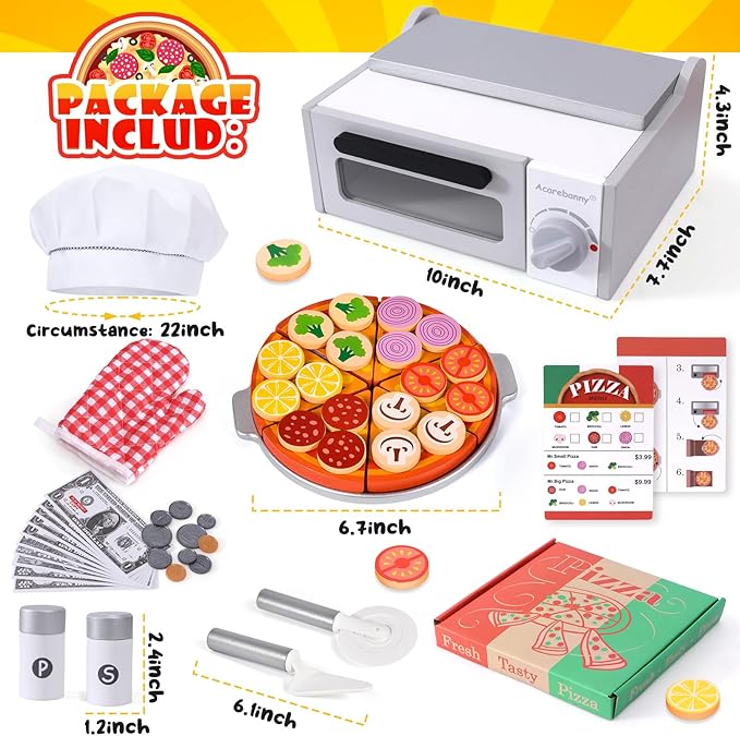 Wooden Pizza Toy 50pcs Toddler Pizza Counter Playset Kids Pretend Play Kitchen Accessories with Play Food, Bake Oven, Chef Role Play Set Xmas Birthday Gift for 3 4 5 6 Year Old Boys Girls