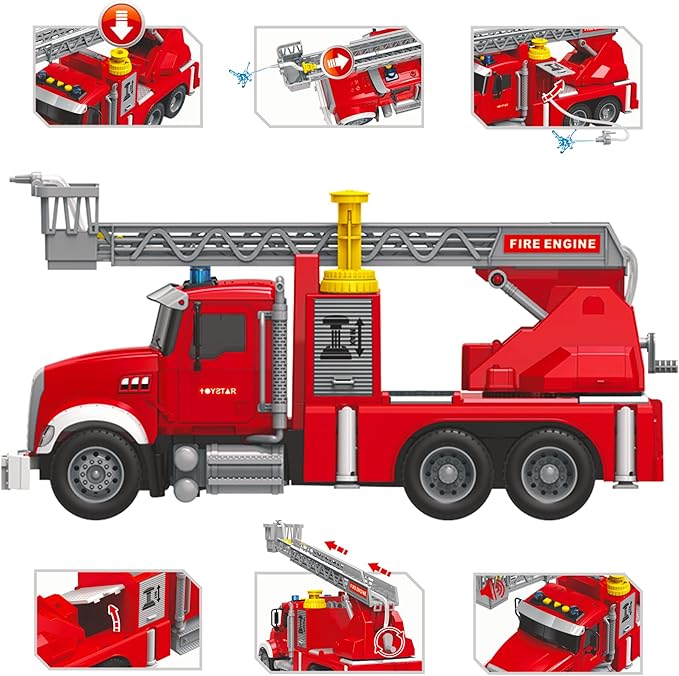 Fire Truck Toy Set for Kids - Fire Engine Truck with Water Spraying Hose, Rotating Ladder + 3 Fireman Firefighters 4-7, Girls 3 Years