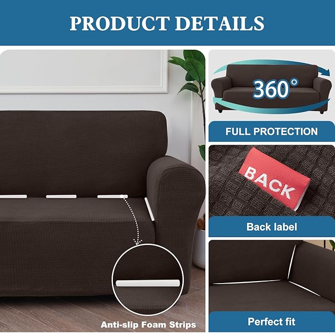 100% Waterproof Jacquard Fabric Couch Cover, Dual Layer with TPU Film, Leakproof High Elasticity Non-Slip Washable Furniture Protector for Pets, Dogs, Cats and Kids (Loveseat,Coffee)
