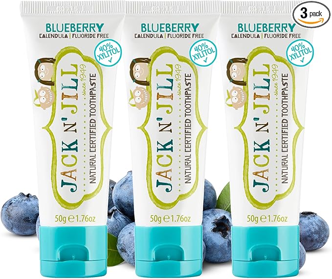 Jack N' Jill Natural Toddler Toothpaste for Baby, Kids and Infants 6 Months & Up, Fluoride Free Training Toothpaste for Toddlers 1-3 (1.76 Fl Oz (Pack of 3), Blueberry)