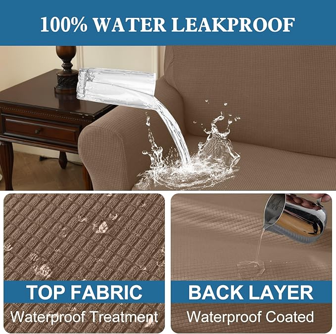 100% Waterproof Jacquard Fabric Couch Cover, Dual Layer with TPU Film, Leakproof High Elasticity Non-Slip Washable Furniture Protector for Pets, Dogs, Cats and Kids (Loveseat,Taupe)