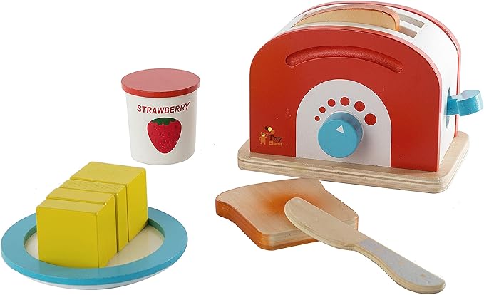 Wooden Toaster Set Cute Durable Colorful Educational Creative Toast Bread Pretend Play Kitchen 10 Piece Play Set for Kids Children Toddlers