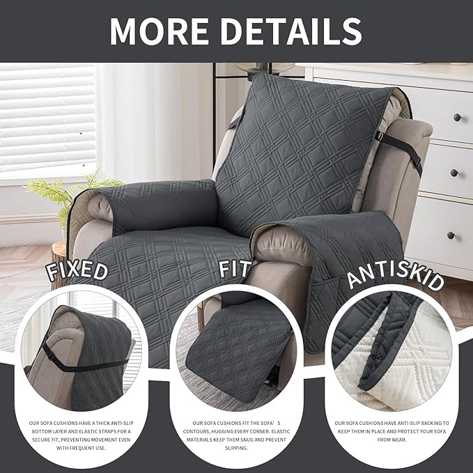 Easehomey 100% Waterproof Recliner Chair Covers, Non Slip Dog Chair Cover Furniture Protector Washable Chair Cover with Pocket, Elastic Straps for Kids,Pets,Dogs (Dark Gray, 23.6")