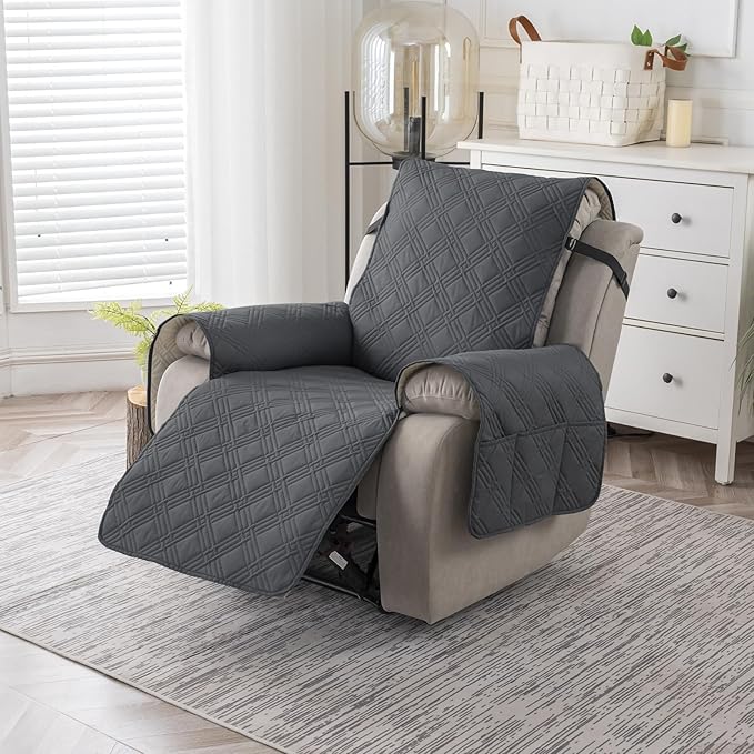 Easehomey 100% Waterproof Recliner Chair Covers, Non Slip Dog Chair Cover Furniture Protector Washable Chair Cover with Pocket, Elastic Straps for Kids,Pets,Dogs (Dark Gray, 23.6")