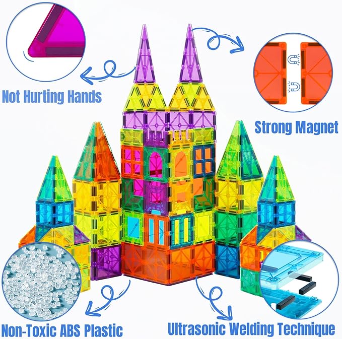 Bmag 130PCS Magnetic Tiles Building Blocks, 3D Magnet Blocks Construction Playboards for Kids Toddlers, Educational STEM Preschool Toys for Boys Girls with 2 Cars