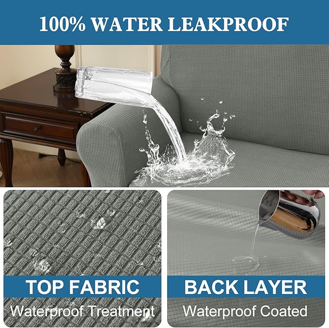 100% Waterproof Jacquard Fabric Couch Cover, Dual Layer with TPU Film, Leakproof High Elasticity Non-Slip Washable Furniture Protector for Pets, Dogs, Cats and Kids (Loveseat,Light Gray)
