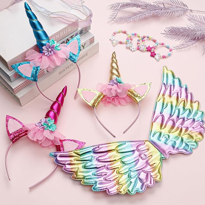 Winrayk Unicorn Party Favors Birthday Supplies for Girls Unicorn Wing Headband Bracelet Kids Unicorn Costume Halloween Princess Dress Up Gift Goodie Bag Stuffers Unicorn Birthday Party Favors Supplies
