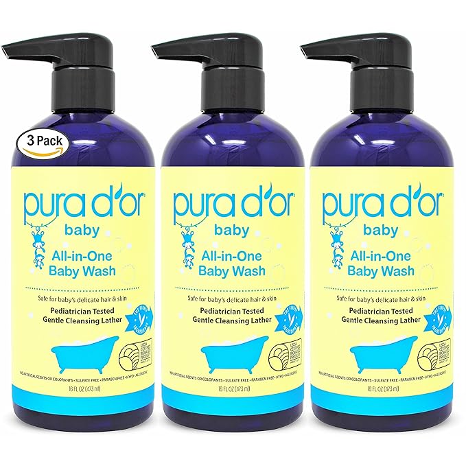 PURA D'OR All-in-One Baby Wash (16 Oz x3 = 48 Oz) USDA Biobased, Zero Sulfates 2-in-1 Baby