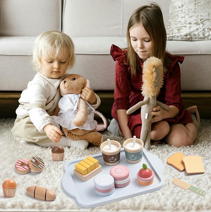 Wooden Play Food Sets for Kids Toddlers Kitchen Pretend Food Play Wood Bakery Toy for 3 4 5 6 7 Years Old Boys & Girls