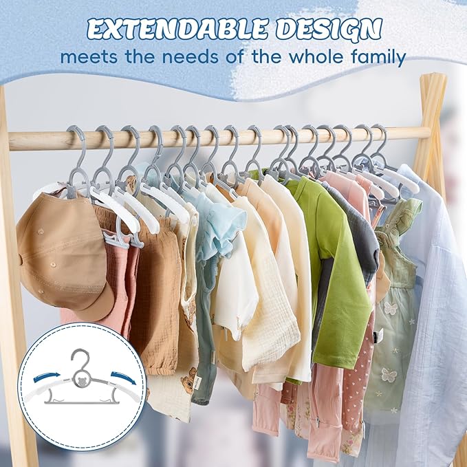 Baby Hangers 60 Pack Kids Hangers-Extendable Adjustable Non-Slip Plastic Kid Hangers for Closet,Stackable Baby Clothes Hangers for Toddler Kids Children Infant Teen,Grey Bear Toddler Hangers