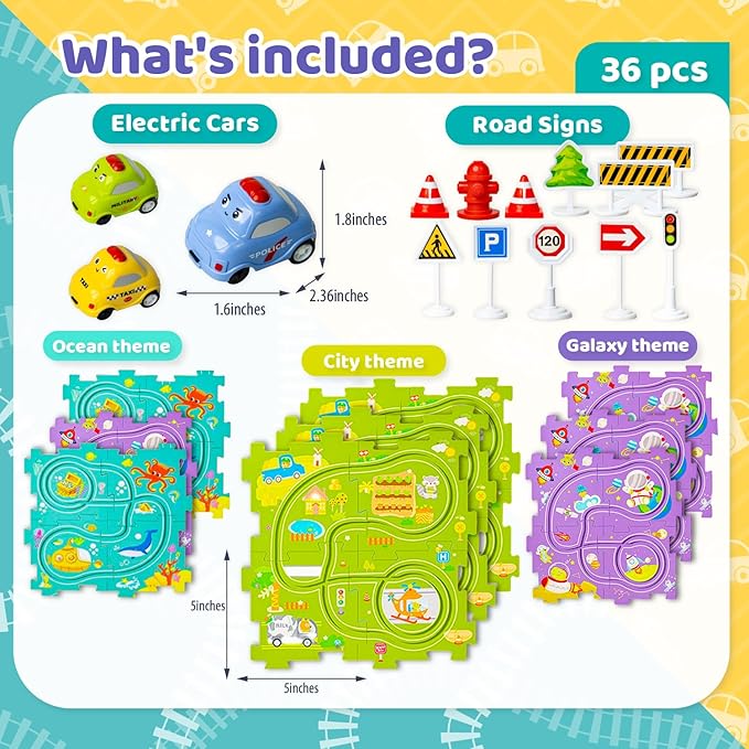 Marlo & Buzz Puzzle Racer Kids Car Track Play Set, Themed Educational Puzzles Racers Tracks with Electric Vehicles for 3+ Childrens (3 Theme (Ocean 36, pcs)