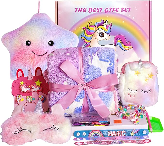 Unicorn Gifts for Girls, 14PCS Unicorn Toys Birthday Gifts for Girls Age 3 4 5 6 7 8 Years Old with Light Up Star Pillow Plush Blanket Diamond Art Bracelet, Girls Kids Toys