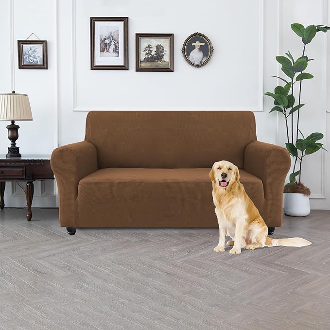 100% Waterproof Jacquard Fabric Couch Cover, Dual Layer with TPU Film, Leakproof High Elasticity Non-Slip Washable Furniture Protector for Pets, Dogs, Cats and Kids (Loveseat,Light Coffee)