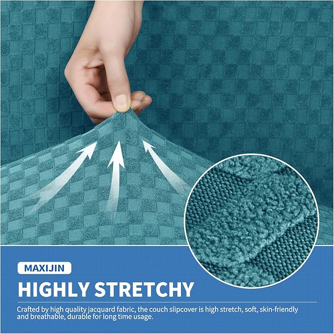 MAXIJIN 3 Piece Jacquard Couch Covers for 2 Cushion Couch Stretch Non Slip Love Seat Couch Cover for Dogs Pet Friendly Elastic Furniture Protector Loveseat Slipcovers (Loveseat, Peacock Blue)