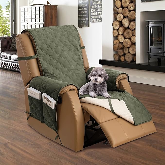 TOMORO Non-Slip Quilted Recliner Cover, 100% Waterproof Recliner Chair Slipcover Furniture Protector with Pockets, Washable Couch Cover with Elastic Straps for Kids and Pets,23 Inch