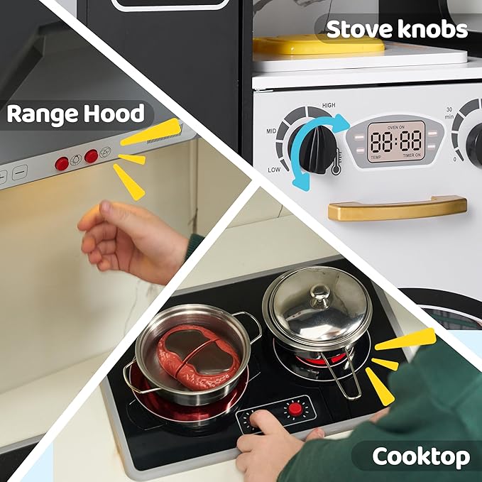 Wooden Corner Kitchen for Toddlers, Pretend Play Playset with Fake Food Toys, Real Lights & Sounds, Double-Door Fridge, Ice Maker & Cookware Accessories, Play Kitchen Set for Kids, Gift for Ages 3+