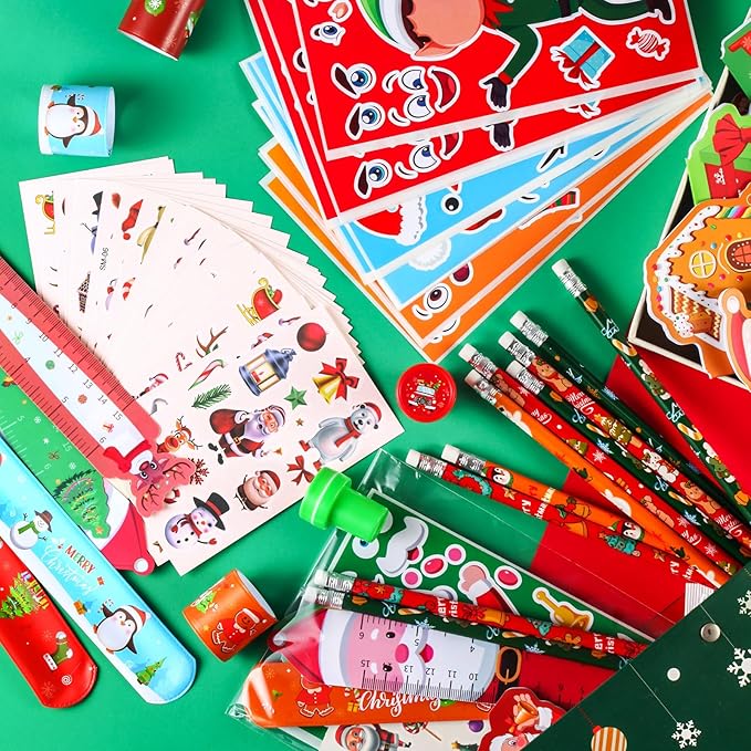 BenLouis Christmas School Stationery Set Party Favors Xmas Classroom Gift Prizes Bulk for Students Kids Holiday Stockings Pinata Filler Christmas School Goodie Bag Stuffers Decor(48set Christmas)