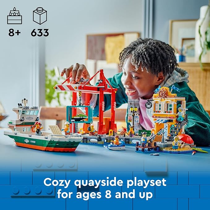 LEGO City Seaside Harbor with Cargo Ship Toy, Model Container Crane and Boat with 8 Minifigures Included, Building Set for Boys and Girls Ages 8 and Up, Kids Gift Idea, 60422