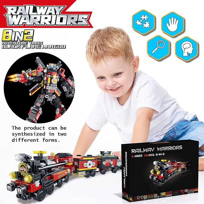 Transforming Train Building Block Toys for Boys Girls Aged 6-12.Steam Train or 8 Locomotive Models or Train Warrior Robot.Wheeled Train Toys.8in2 Construction Toys.Idea Gifts for Kids(766P)
